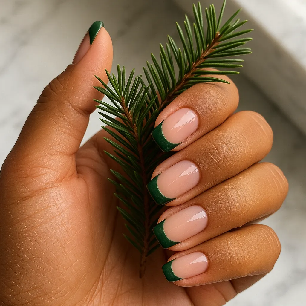Medium squoval nails with a sheer pink base and deep pine green French tips, on warm tan skin holding a pine sprig.