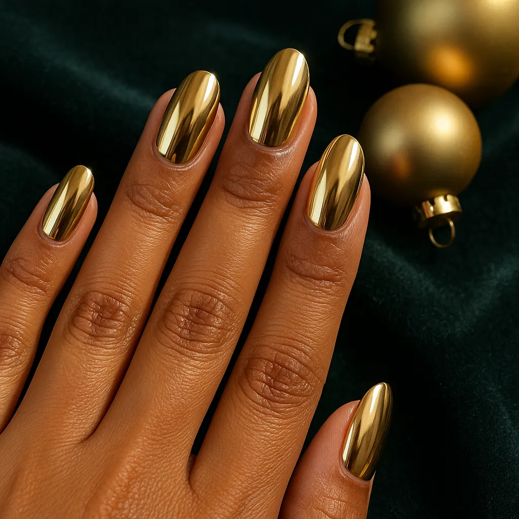 Medium oval nails in mirror gold chrome, on kayumanggi skin beside gold Christmas ornaments on dark green velvet.
