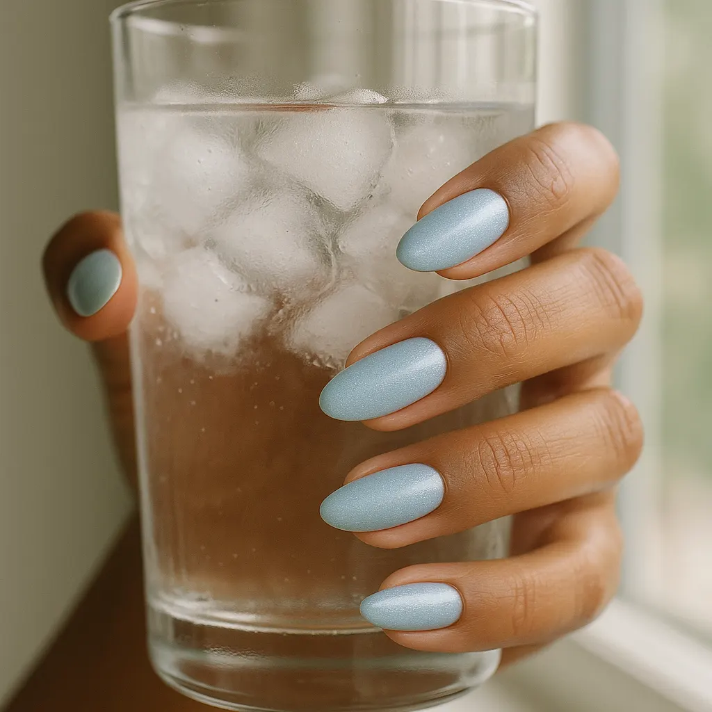 Medium almond nails in icy pale blue with a fine frosted shimmer, on medium brown skin holding a glass of iced water by a window.