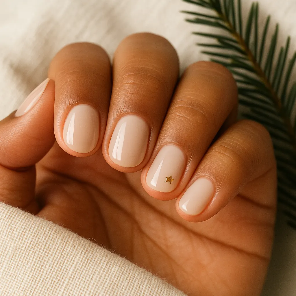 Short round nails in milky nude with one tiny gold star on the ring nail, on morena skin beside a pine sprig.