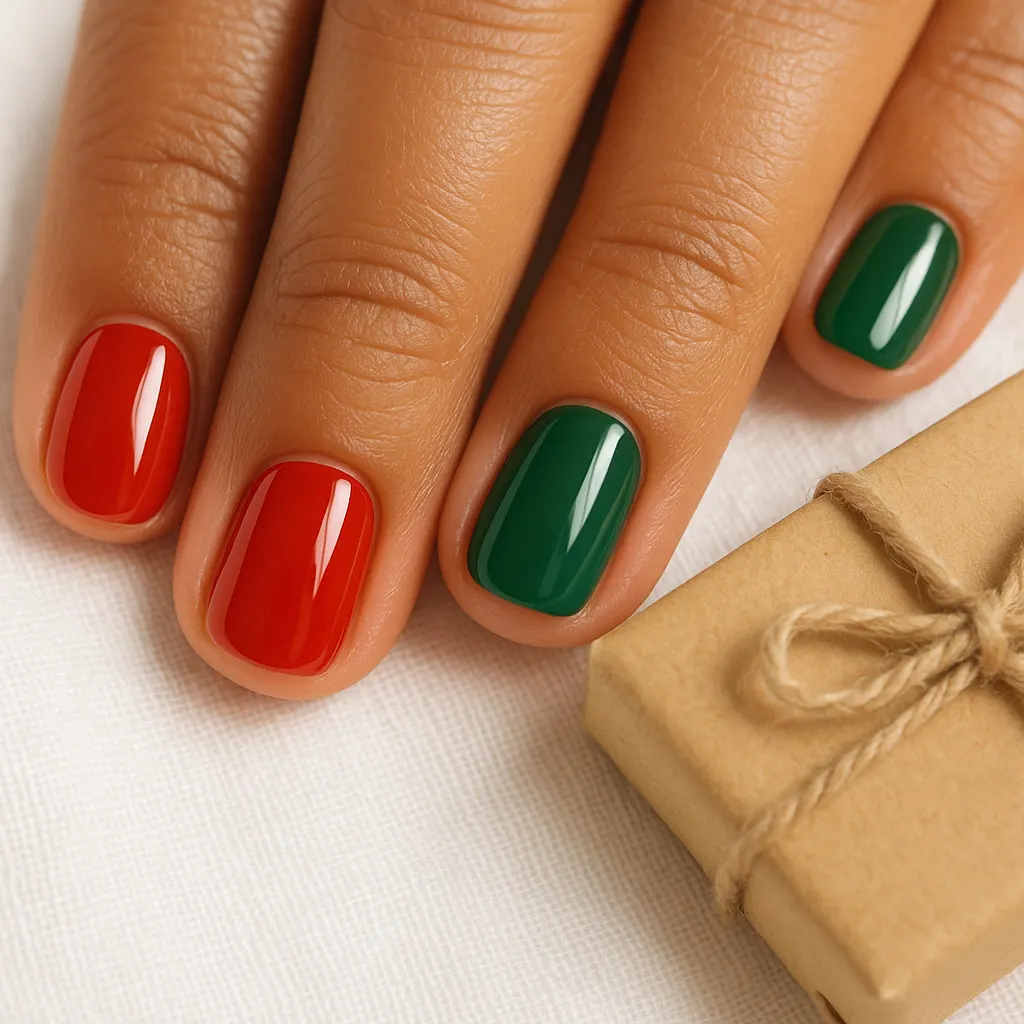 Short squoval nails alternating glossy red and pine green, on warm tan skin beside a wrapped gift.