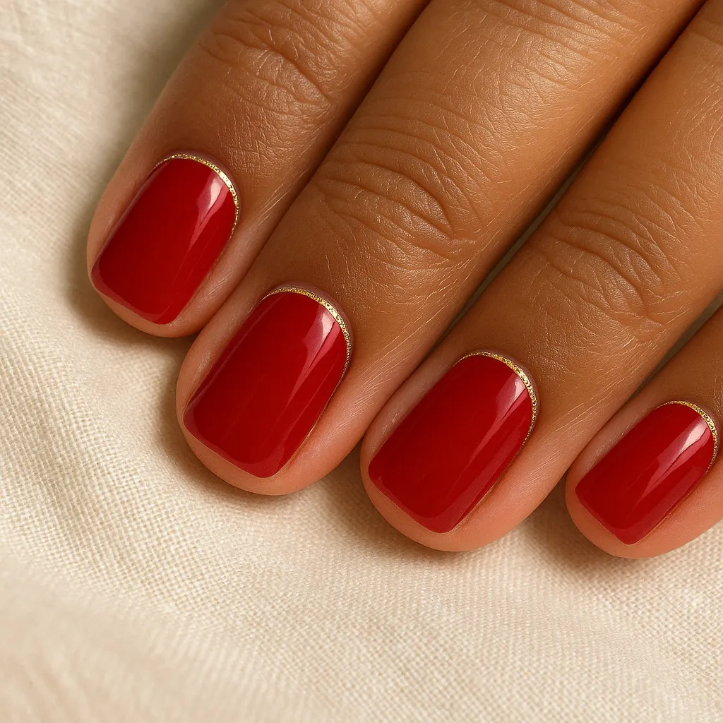 Short square nails in glossy red with a fine gold line along each cuticle, on kayumanggi skin against cream linen.