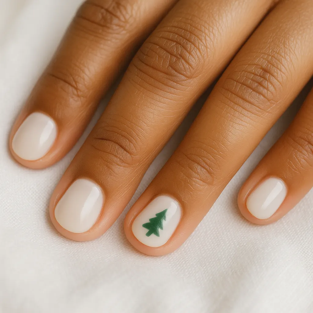 Short round nails in milky white with a small green tree on one nail, on medium brown skin resting on white linen.