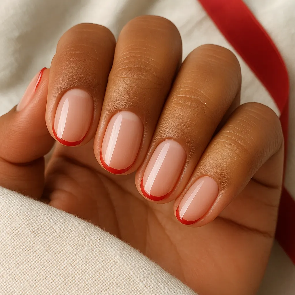Short almond nails with a sheer pink base and a very thin red tip, on morena skin beside a red ribbon.