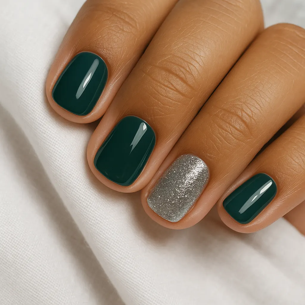 Short squoval nails in deep pine green with one silver glitter nail, on warm tan skin against white linen.